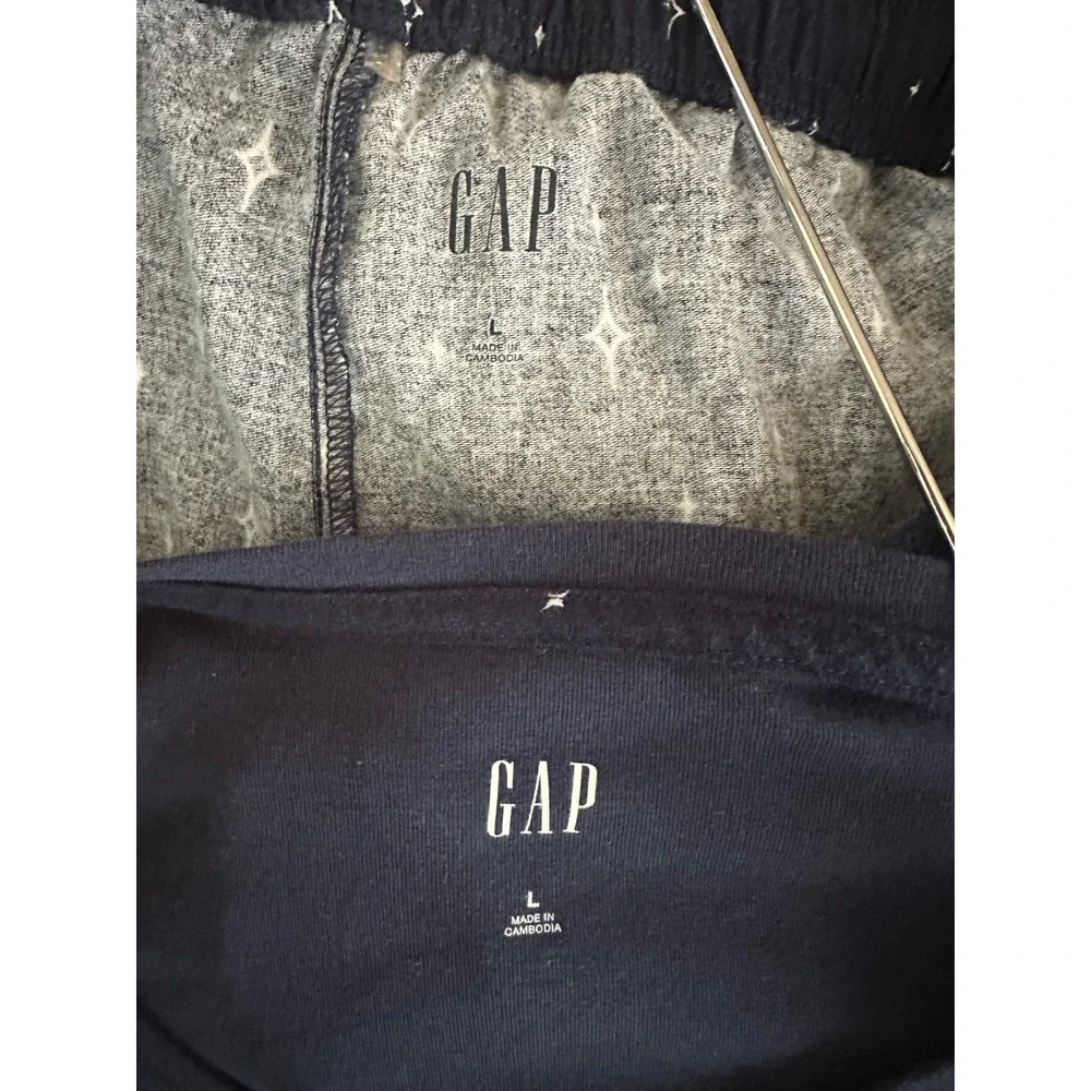 Gap Pajama Set Womens L Navy Blue Star Print V-Neck Long Sleeve 2 Piece PJ Set